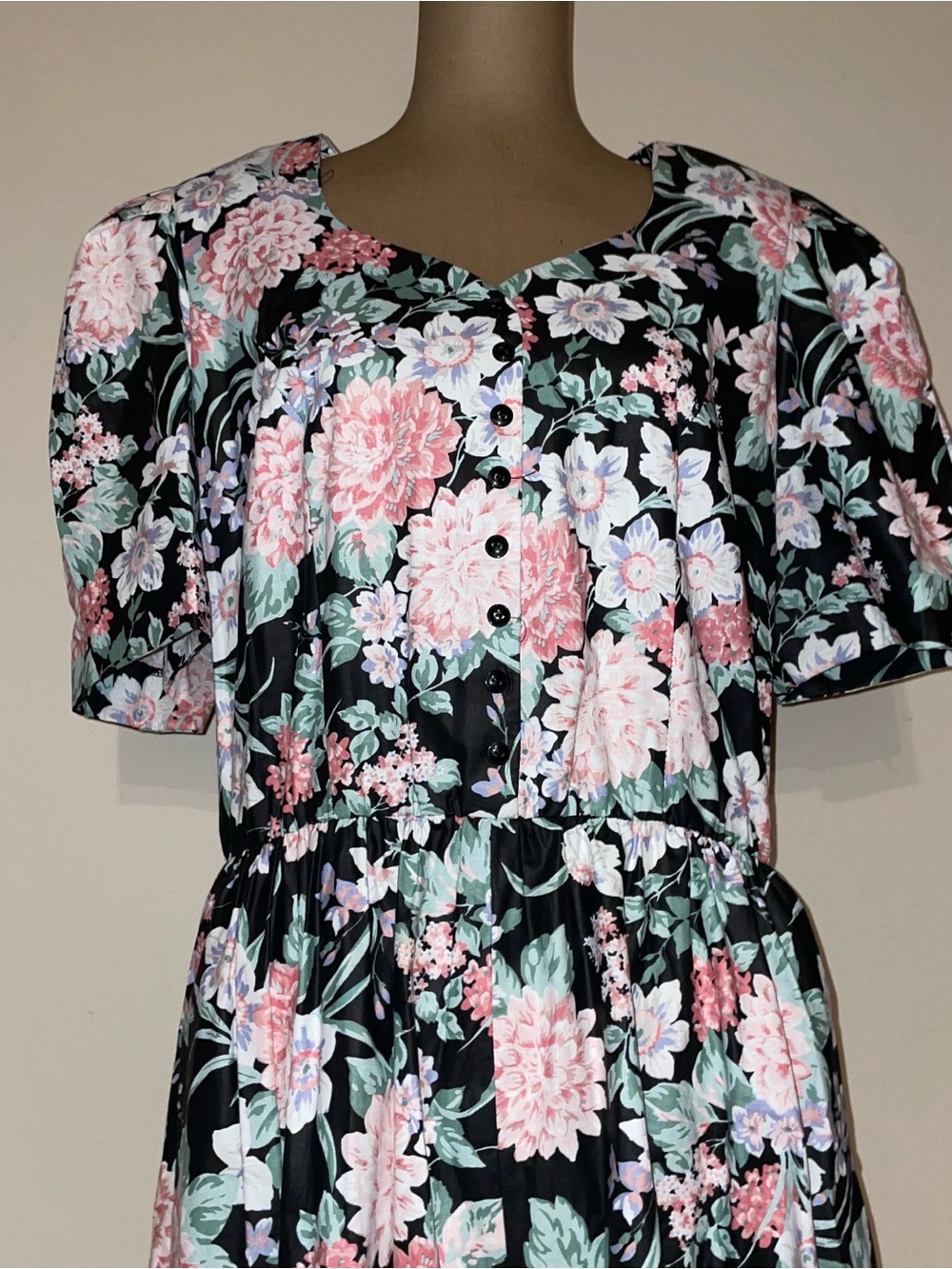 S.L. Fashions Black Maxi Dress with Pink & Mint Floral Print vintage - Picture 8 of 10
